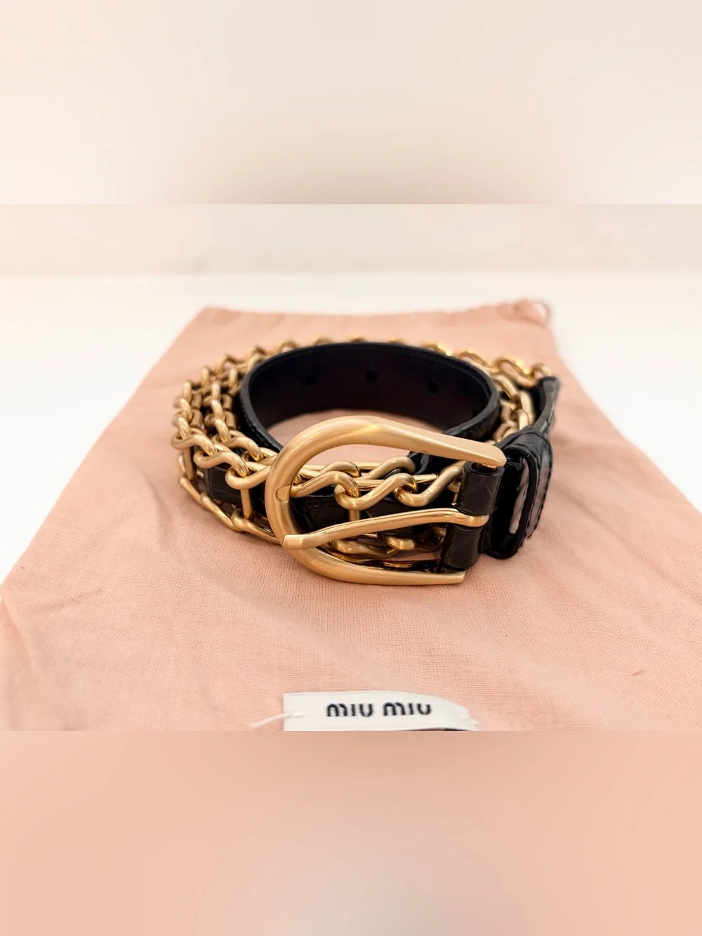 Auth MIU MIU Black Leather Gold-Tone Chain Link Belt, Size 75 / 30
